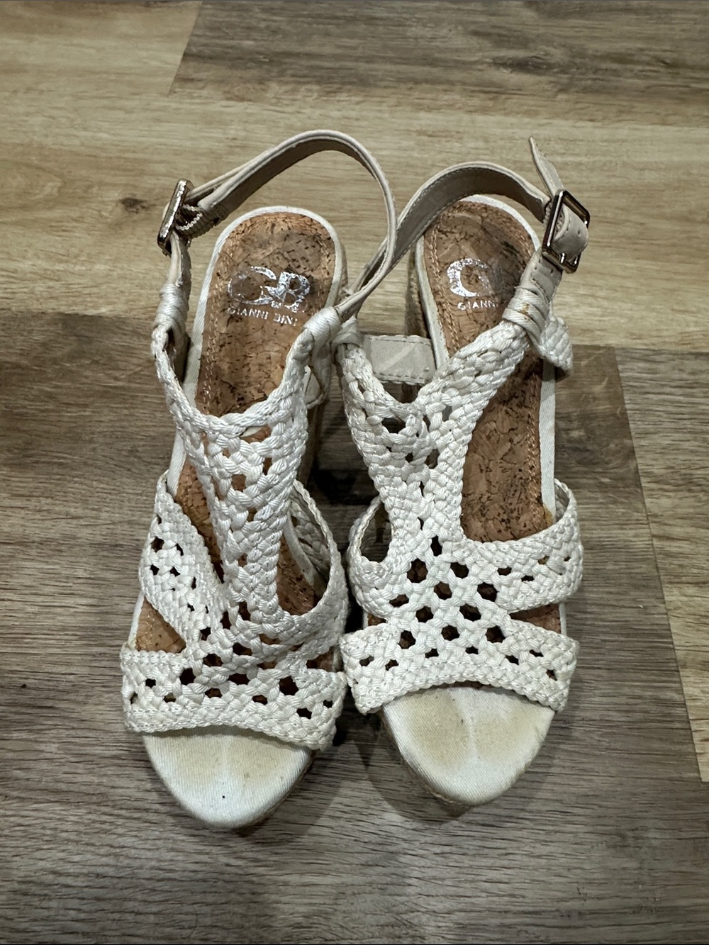 Gianni Bini Cream Braided Wedge Sandals with Ankle Strap